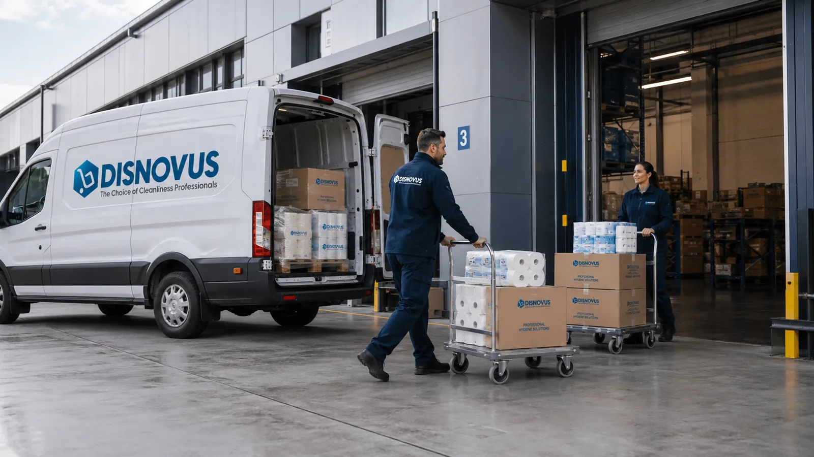 Furgoneta de Disnovus cargando pedidos en el almacén para su reparto