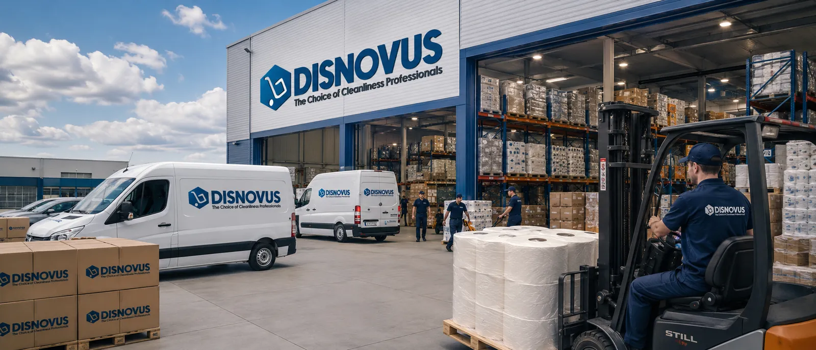 Almacén logístico de Disnovus con furgonetas y estanterías de productos de higiene