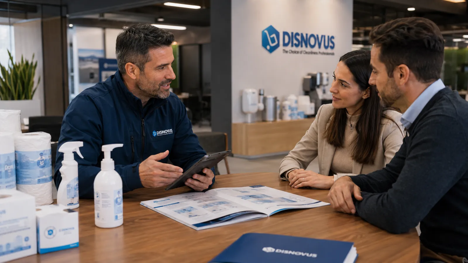 Asesor de Disnovus mostrando el catálogo de productos de limpieza profesional a dos clientes