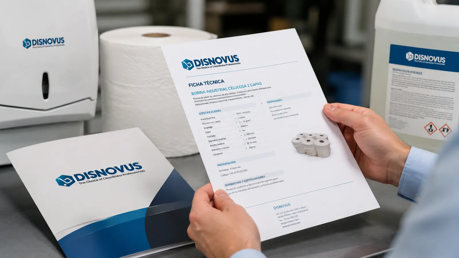 Ficha técnica de un producto Disnovus junto al dossier y el producto