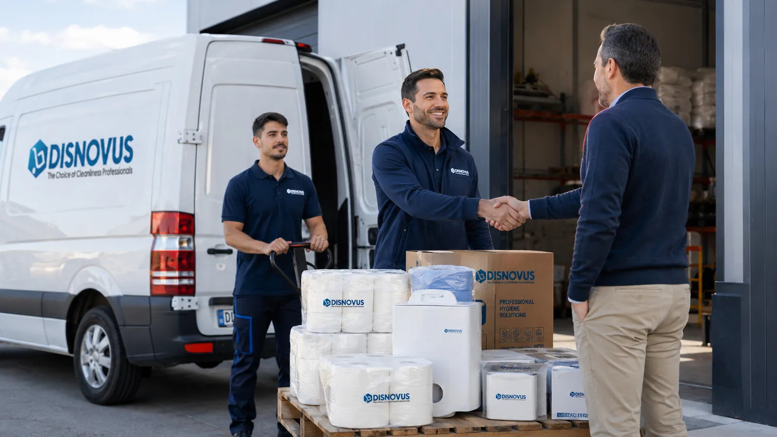 Entrega de productos Disnovus a una empresa de limpieza junto a la furgoneta