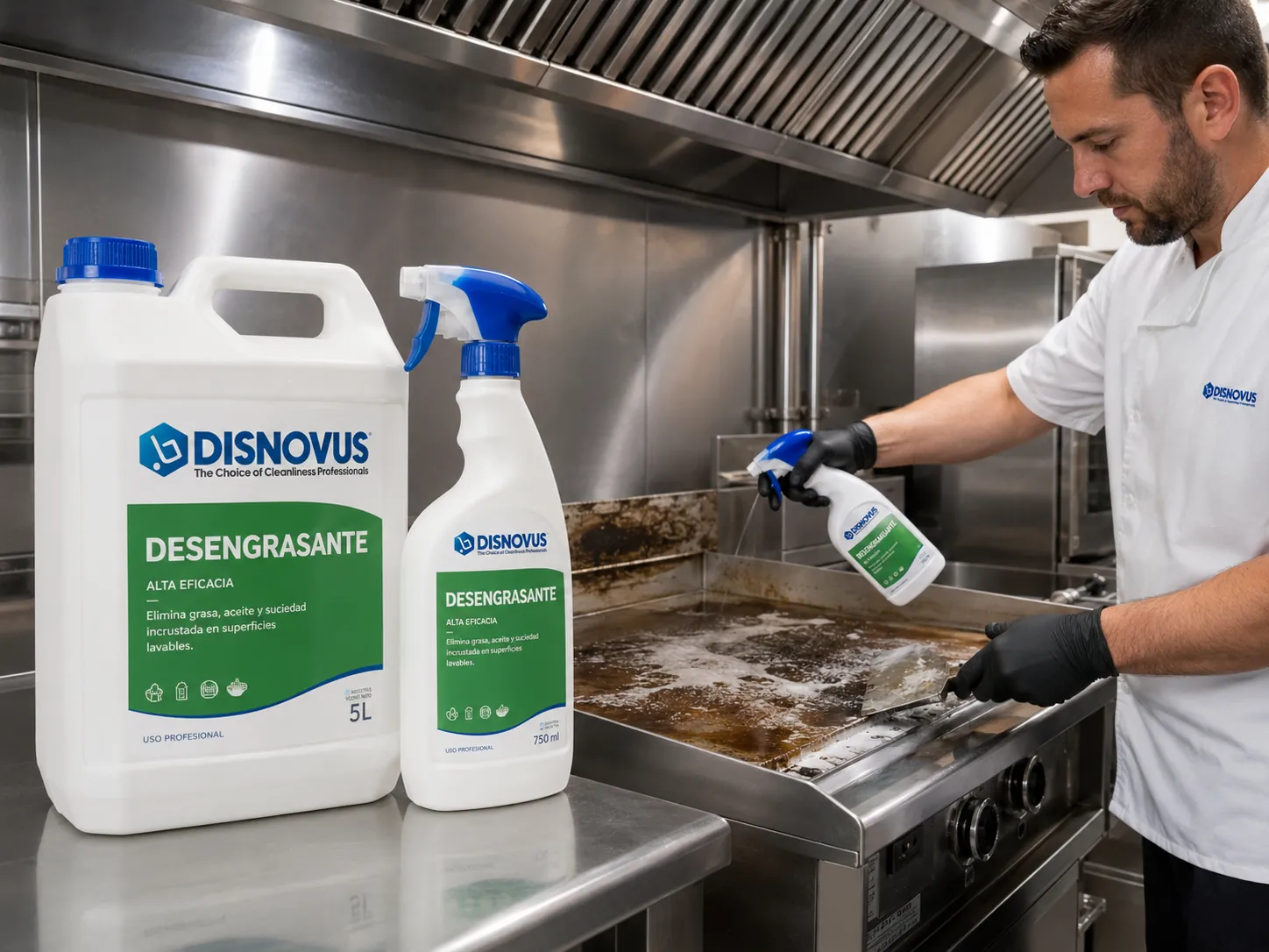 Desengrasante Disnovus limpiando una plancha en una cocina industrial