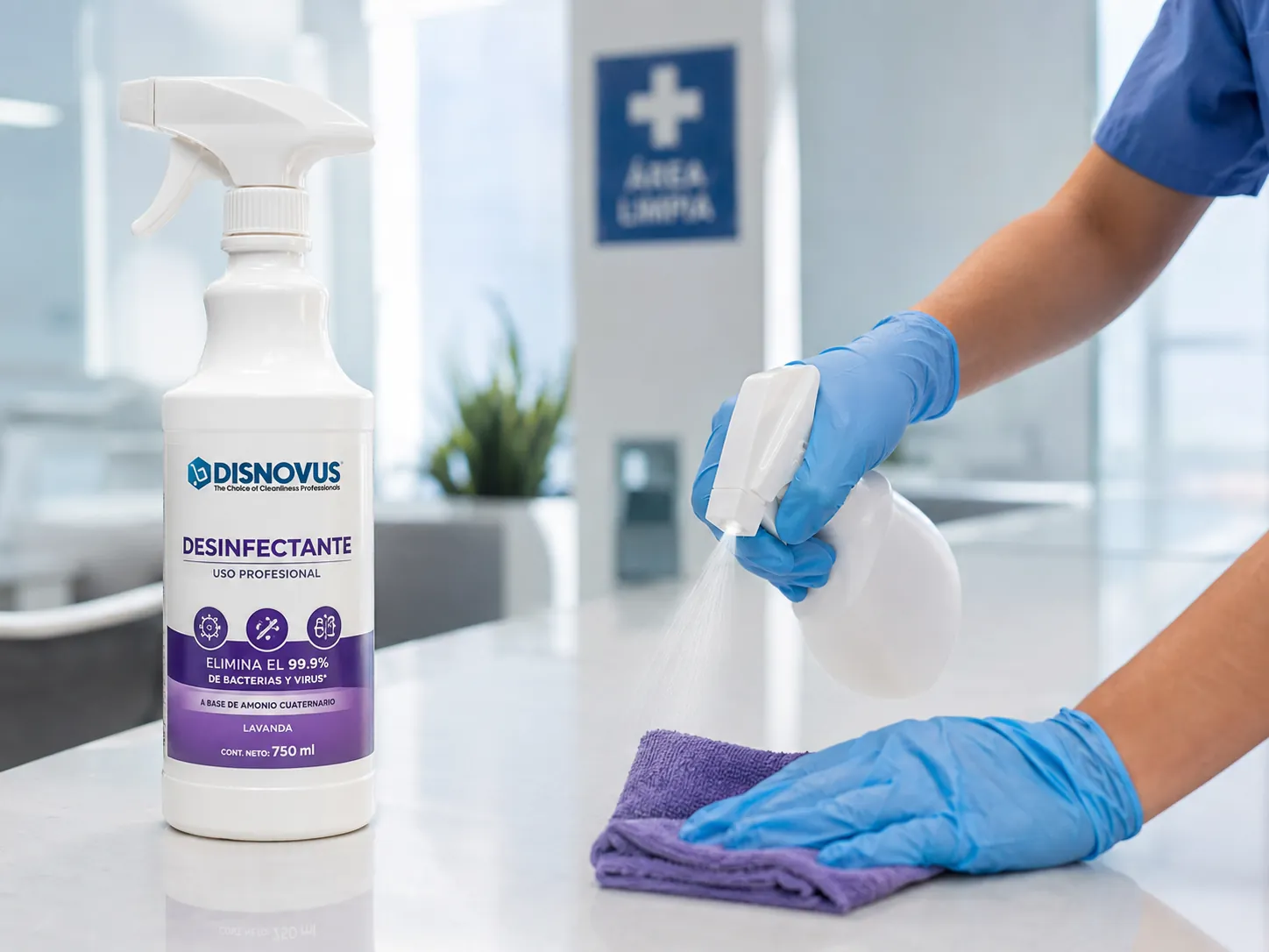 Desinfectante profesional Disnovus aplicándose sobre una superficie con guante