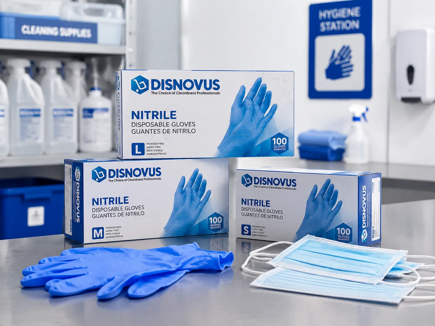 Cajas de guantes de nitrilo Disnovus y mascarillas en la estación de higiene