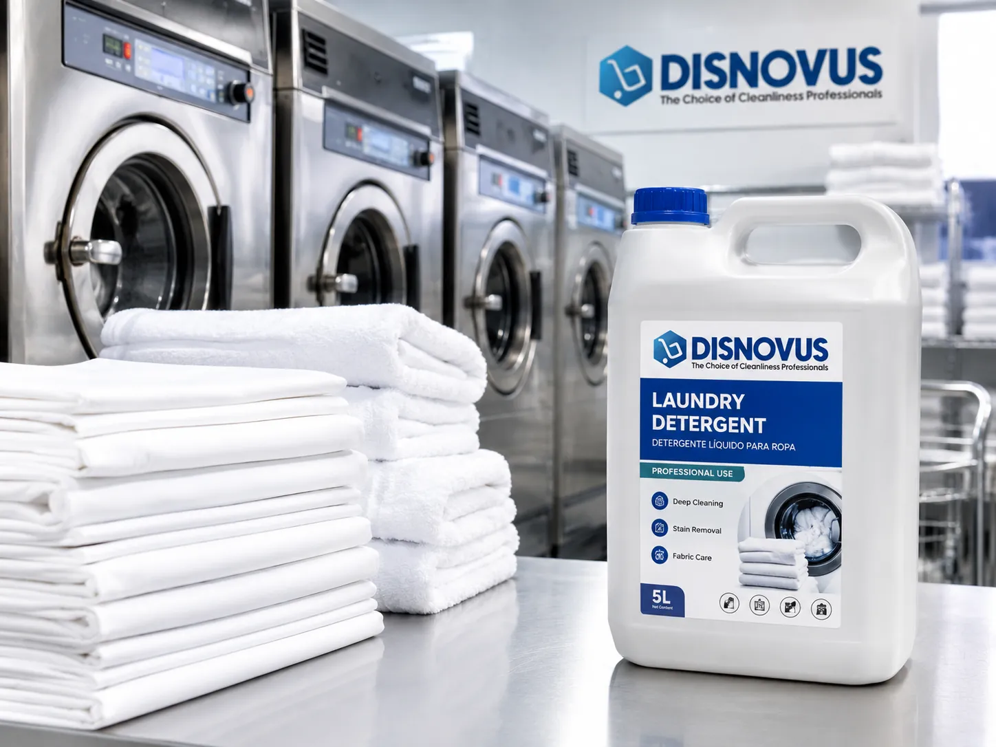 Detergente de lavandería Disnovus en una lavandería industrial con ropa blanca