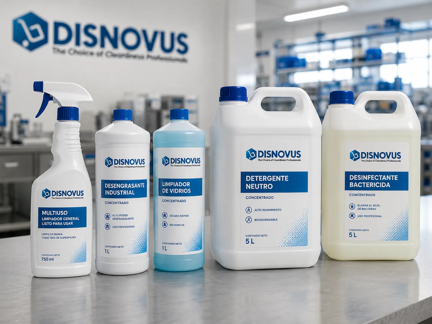 Gama de químicos de limpieza profesional Disnovus: multiuso, desengrasante, limpiavidrios, detergente y desinfectante