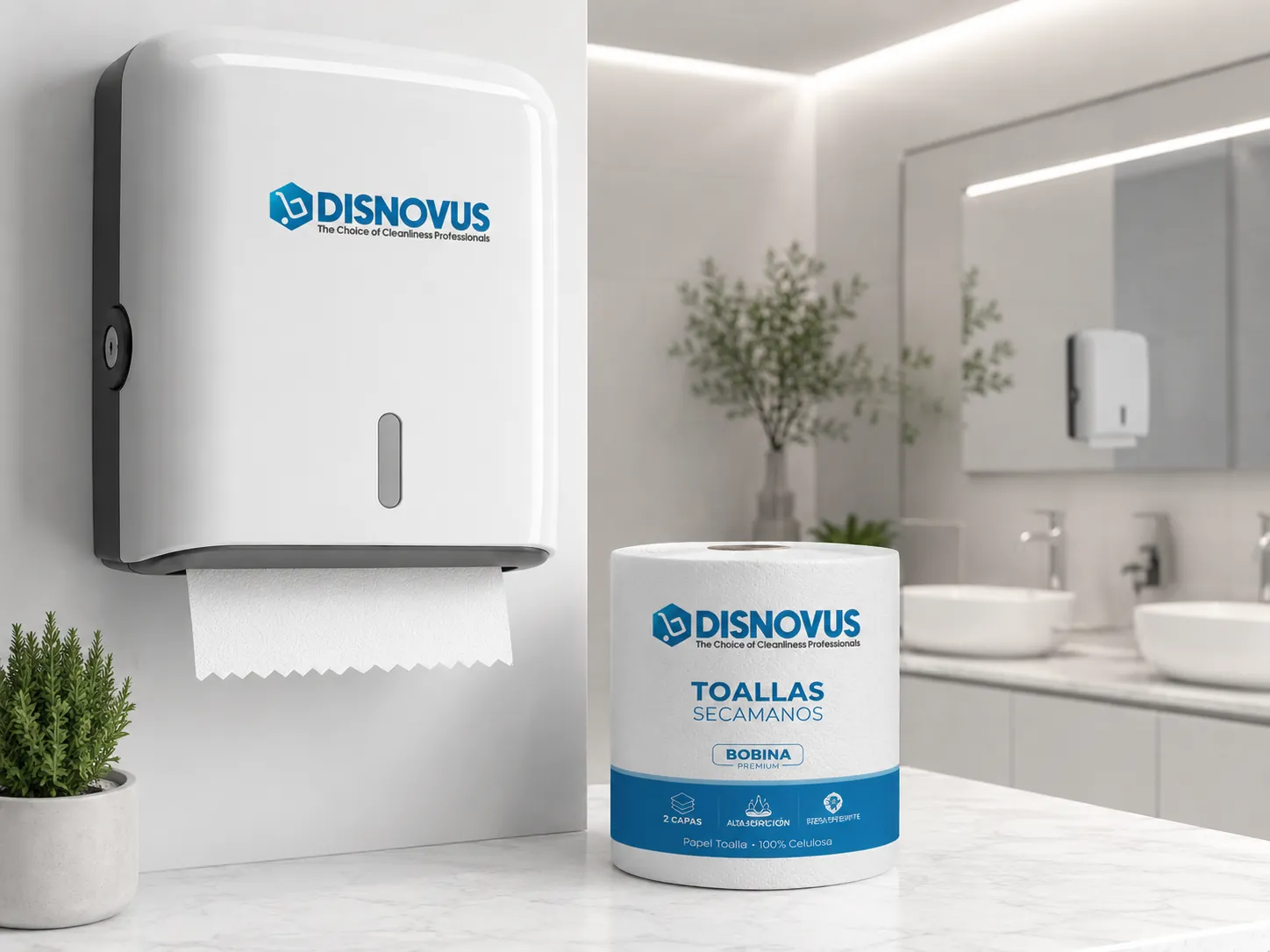 Dispensador de toallas secamanos Disnovus y bobina de papel en un baño