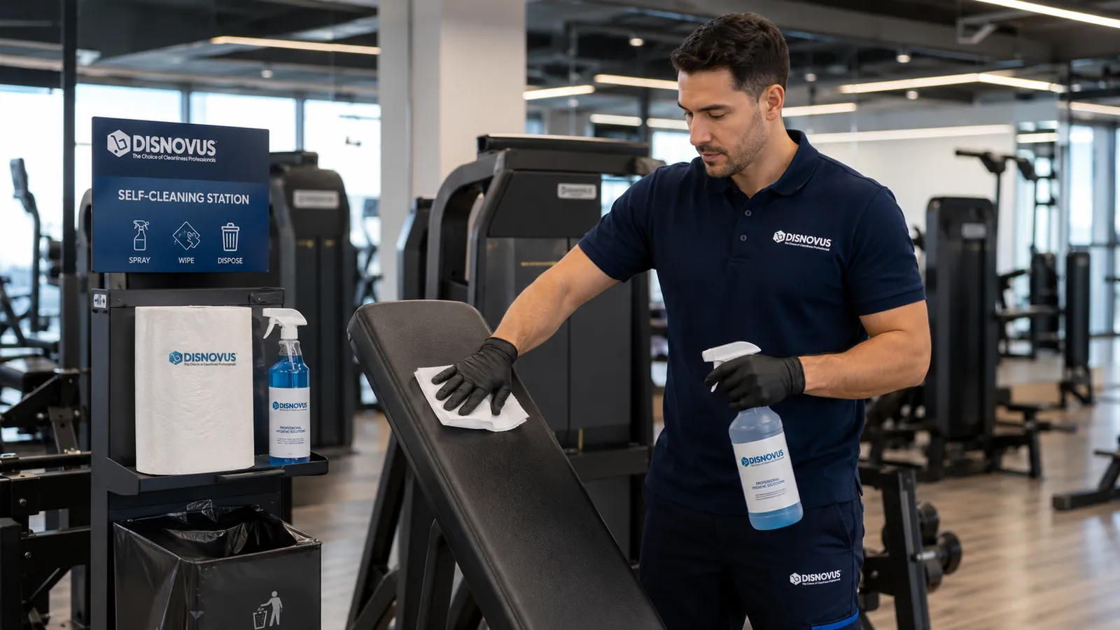 Operario de Disnovus desinfectando una máquina de gimnasio junto a la estación de autolimpieza