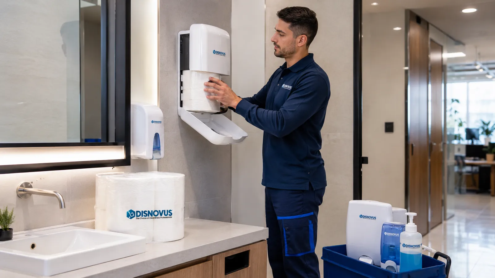 Técnico de Disnovus reponiendo el dispensador de papel en el baño de una oficina