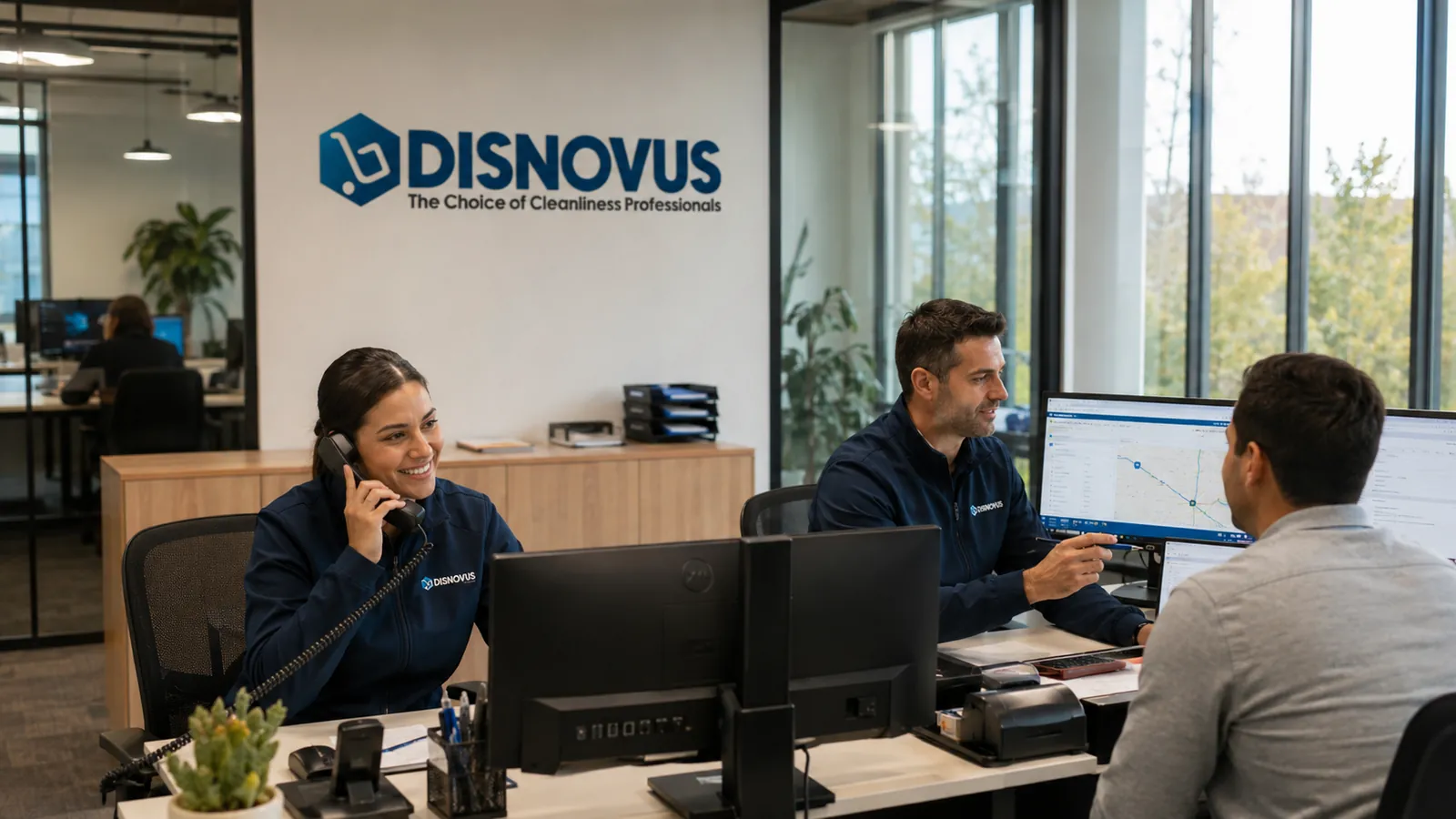 Equipo de atención al cliente de Disnovus en oficina