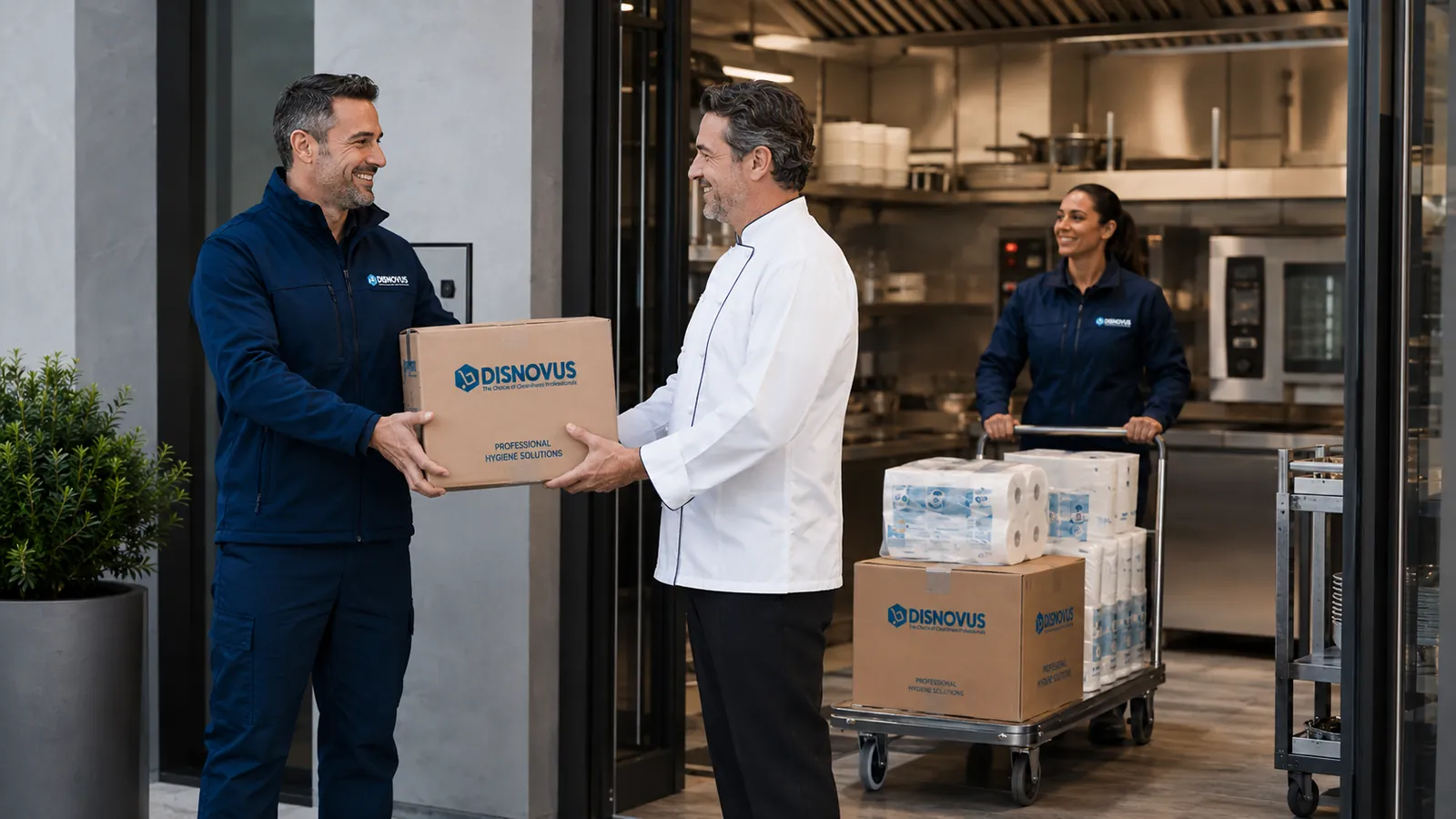 Reparto de productos de limpieza e higiene de Disnovus en la cocina de un restaurante